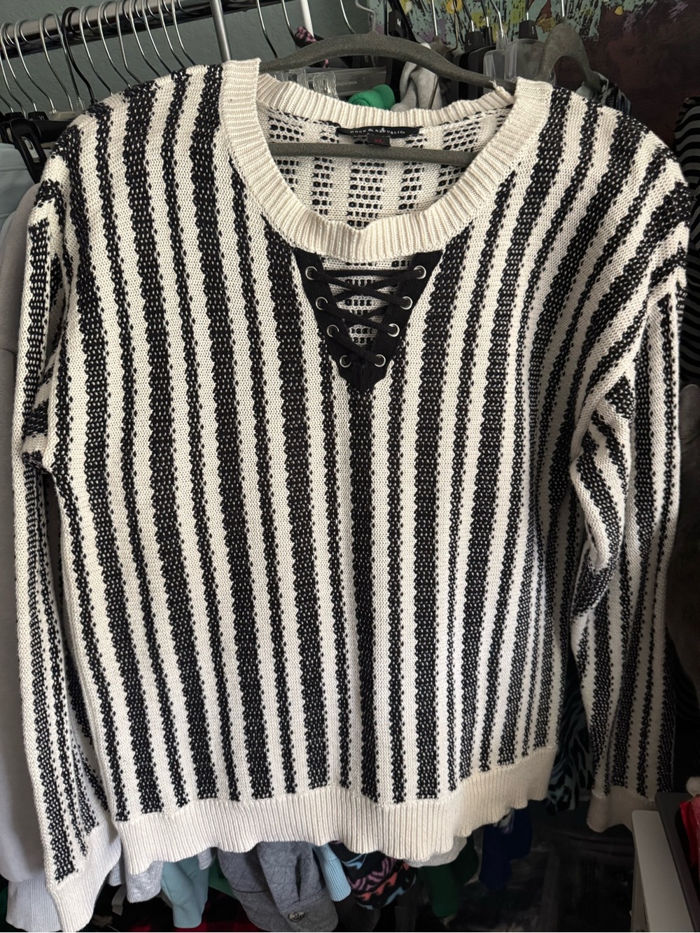 Rock & Republic Black & White Striped Lace-Up Crewneck Sweater